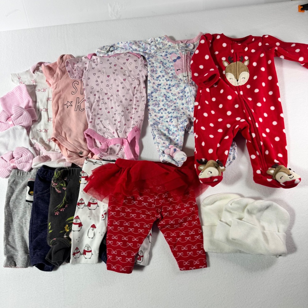 Carter's Baby Girl Clothing Lot Sleepers Bodysuits Leggings Hats Red Pink White
